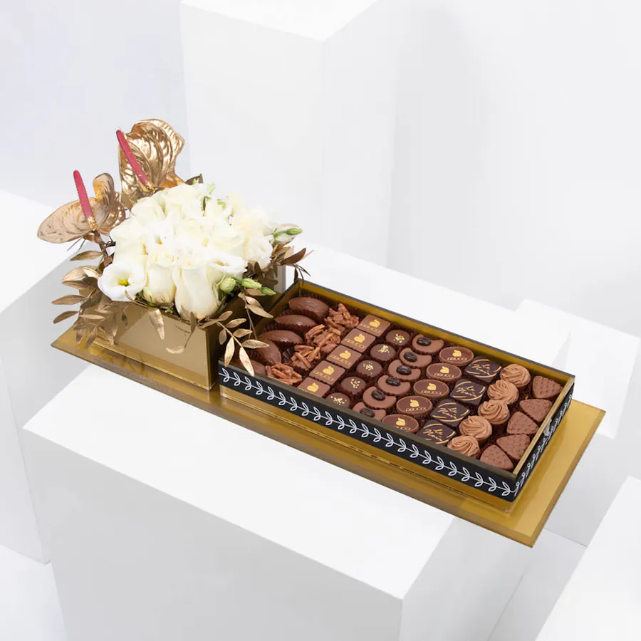 Gold Tray of Abucci Chocolate with Flowers 3