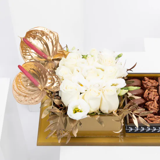 Gold Tray of Abucci Chocolate with Flowers