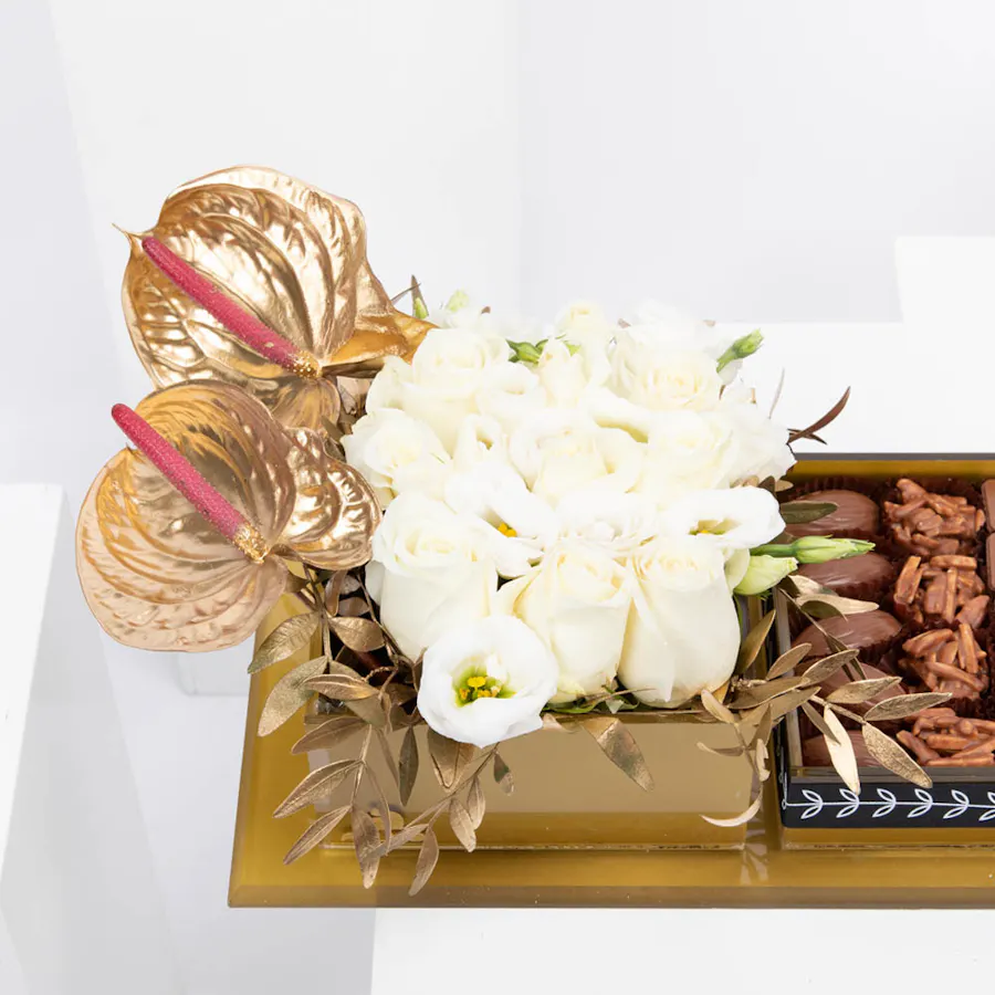 Gold Tray of Abucci Chocolate with Flowers 4