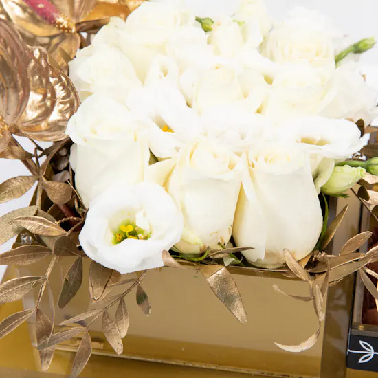 Gold Tray of Abucci Chocolate with Flowers