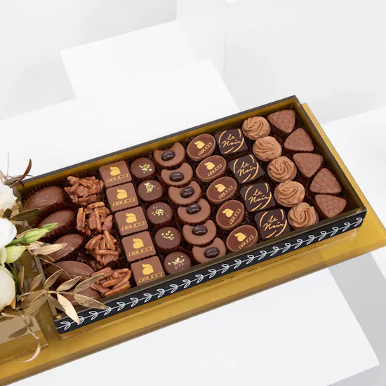 Gold Tray of Abucci Chocolate with Flowers