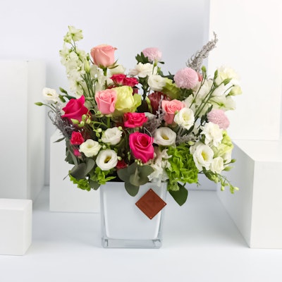 4 Rose Rosita Vendela & 3 Fuchsia Roses | Square Vase