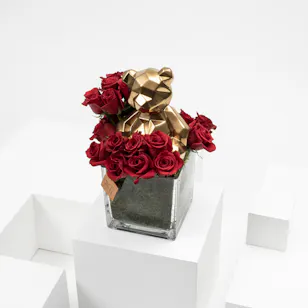 Vase of Roses & Teddy Bear