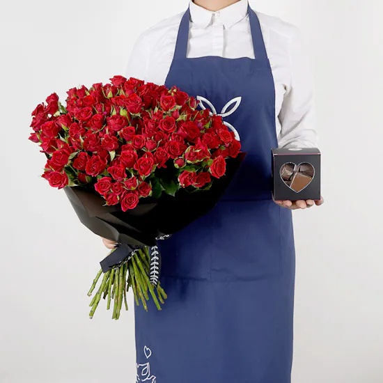 50 Red Baby Roses Hand Bouquet with a Medium Chocolate Box