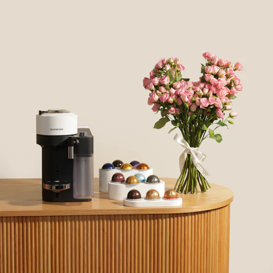 Nespresso White Vertuo Lattissima Coffee Machine with Capsules | Happiness Flowers Bouquet