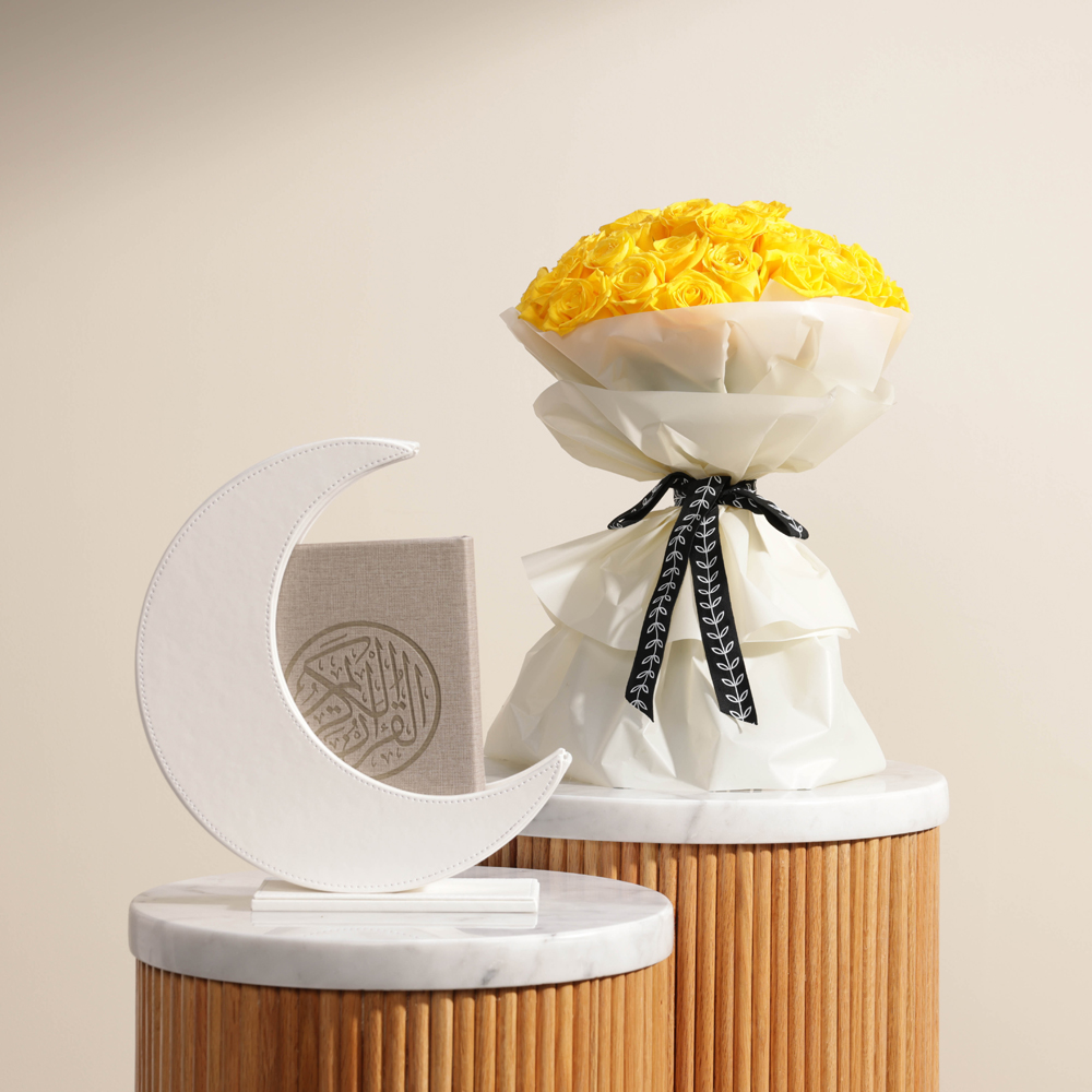 Quran with Hilal Stand | Yellow Roses
