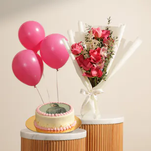 Floward Personalized Photo Red Velvet Pink Cake | Sweet Flowers Bouquet and Fuchsia Balloons