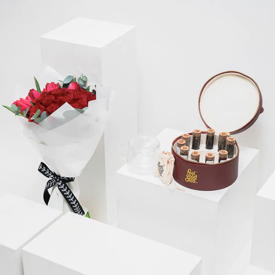 Feel Good Tea Burgundy Leather Tea Box | Red Blooms  5