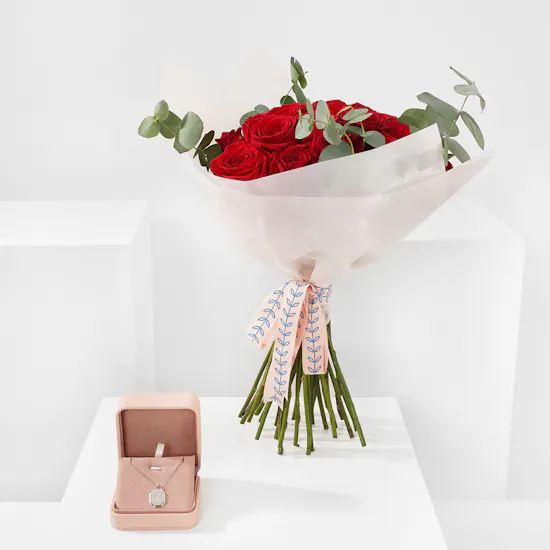Floward Letter L Rhodium Plated Silver Necklace | Red Roses Bouquet