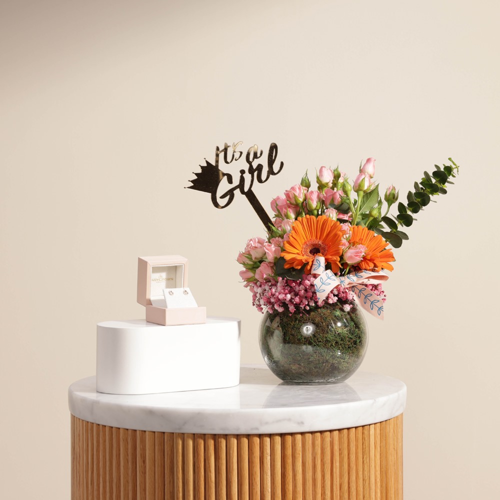 Baby Crown Rose Heart Earrings | Pink Sunrise Vase