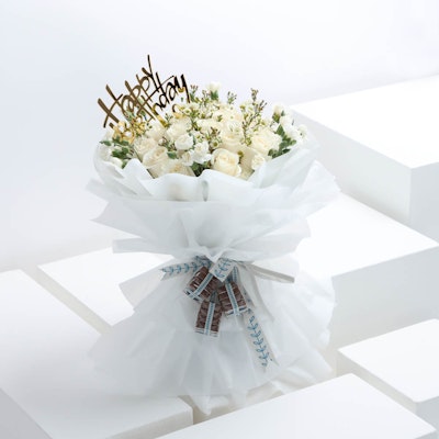 White Birthday Hand Bouquet With Chocolate