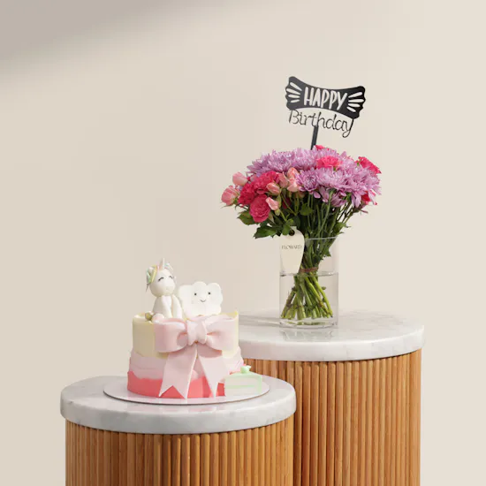 Floward Cute Unicorn Pink Birthday Cake | Sweet Wishes Flower Vase