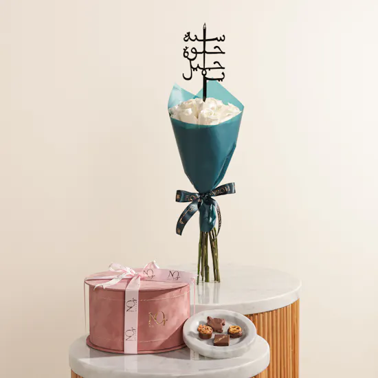 Nor Noyau Large Round Pink Velvet Chocolate Box | New Beginning Flower Bouquet
