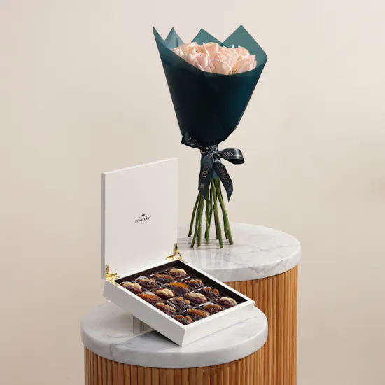 Mygovindas Wooden White Fancy Stuffed Dates Box | Harmonious Flower Bouquet