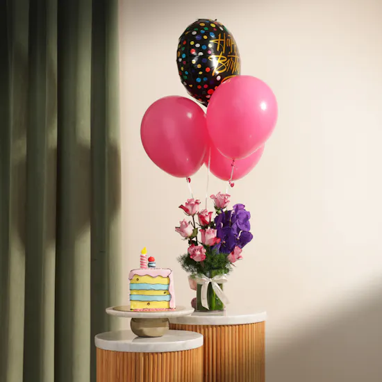 Floward Birthday Slice Comic Cake | Enchanting Flowers Vase and Balloons