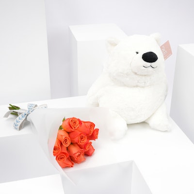 Floward Plush Bear with 12 Orange Roses Bouquet