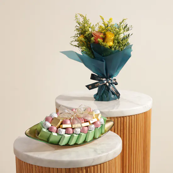 Bateel Chocolate Glass Tray | Joyful Flower Bouquet
