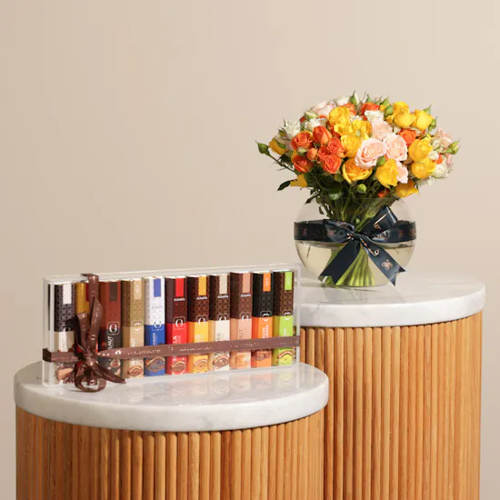 Ghazl Chocolatier Assorted Chocolate Bars | Serenity Roses Vase