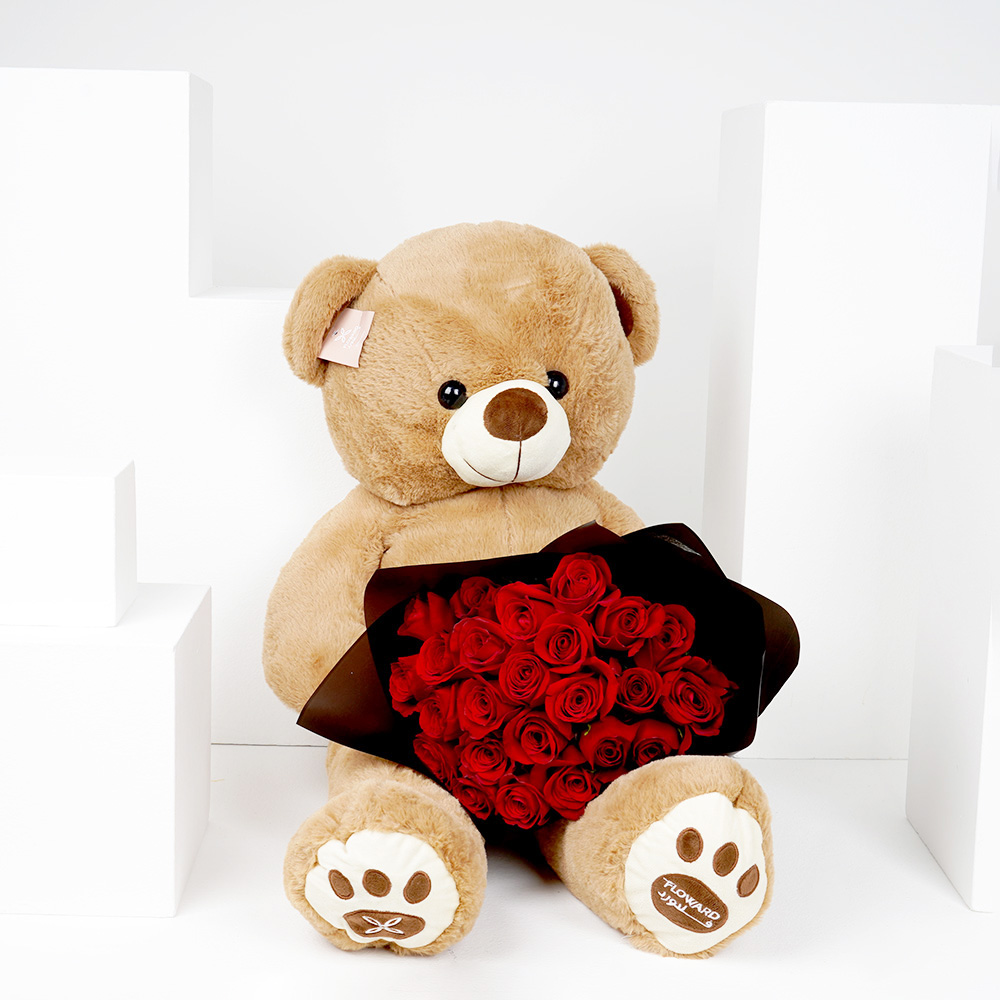 25 Red Roses Medium Bear Floward Abu Dhabi