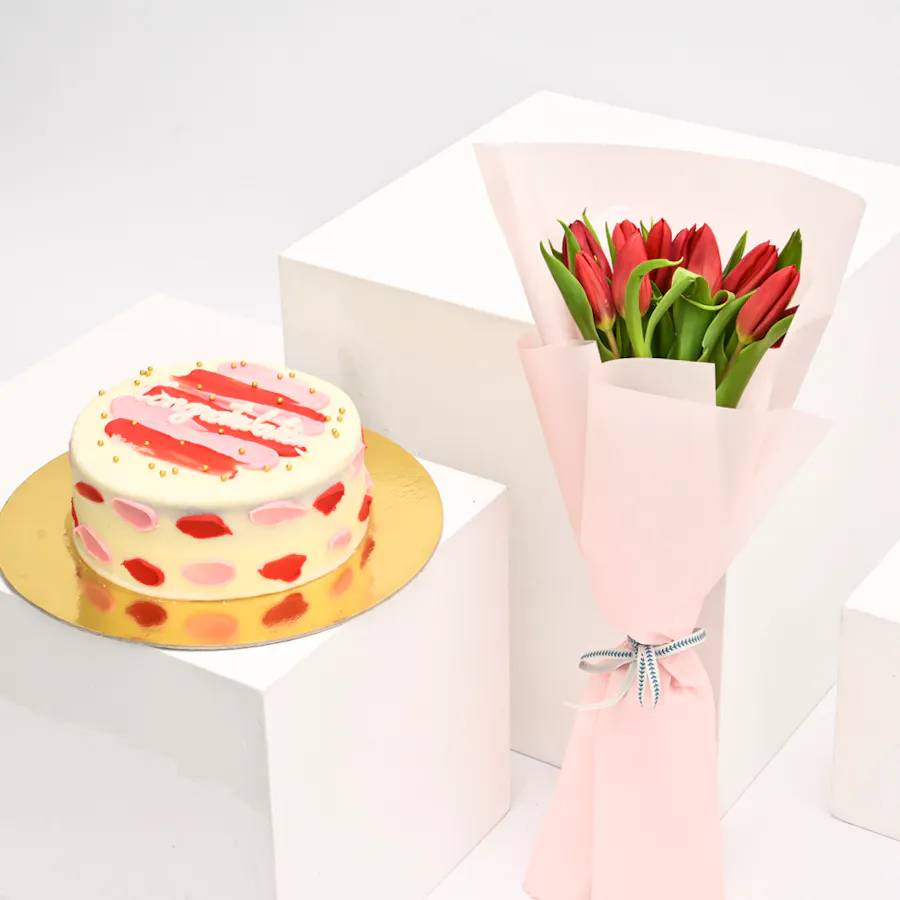 Helen's Bakery Congratulations Cake with 12 Red Tulips Bouquet 3