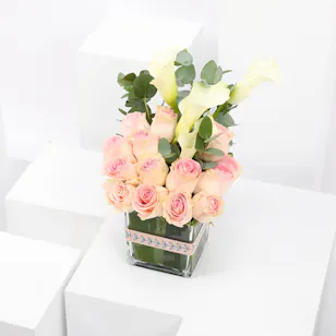 Esperance Roses & White Calla | Square Vase Esperance Roses & White Calla | Square Vase