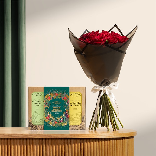 Cartwright & Butler Festive Biscuit Selection Box | Romantic Crimson Roses Bouquet