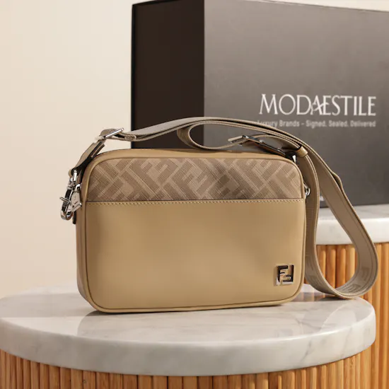 Fendi Squared FF Camera Case Men’s Beige Leather Bag