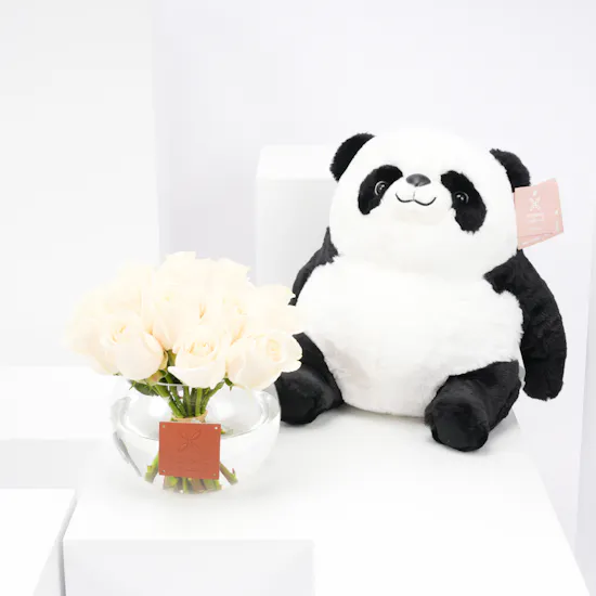Floward Plush Panda with 20 White Roses Vase
