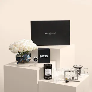 Avantcha Luna Tea Gift Set & Hugo Boss Automatic Men's Watch with Flowers
