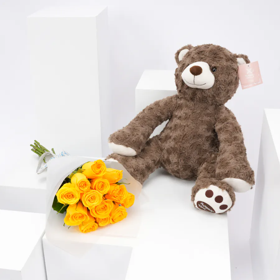 Floward Koki Bear with 12 Yellow Roses Bouquet 1