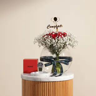 Hugo Boss Leather Men's Watch | Red Roses Glass Vase 