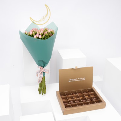 OR & MOR Chocolate Box with Pink Blooms Bouquet