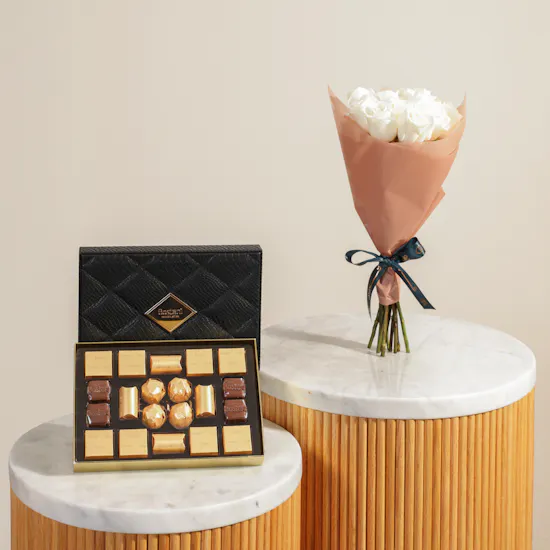 Bostani Signature Chocolate Box | Scarlet Elegance Flowers Bouquet