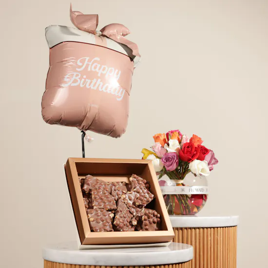Ghazl Chocolatier Hazelnuts Chocolate Slabs Box | Flowers and Pink Birthday Gift Balloon