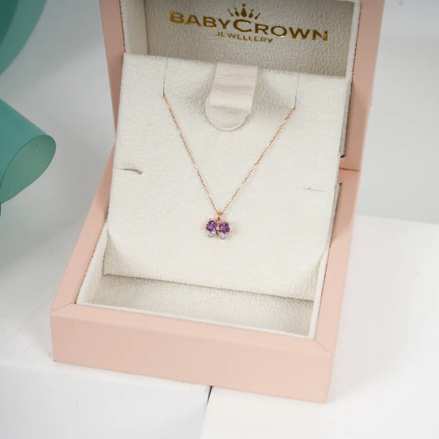 Baby Crown Butterfly Diamond Necklace | Light Pink 3