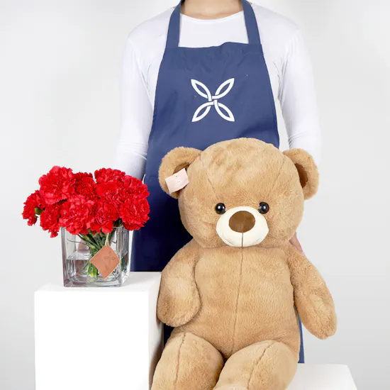 Medium Red Carnations Square Vase with a Medium Teddy Bear