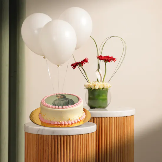 Floward Personalized Photo Red Velvet Pink Cake | Dreamy Flowers Vase and White Balloons