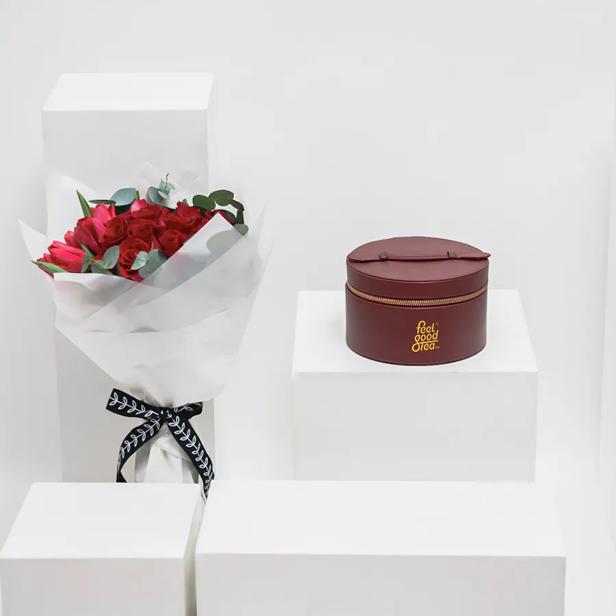 Feel Good Tea Burgundy Leather Tea Box | Red Blooms  1