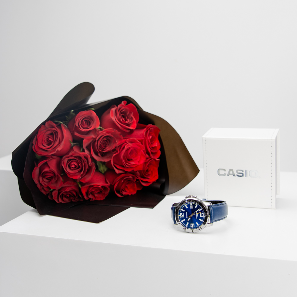 Casio Blue Leather men’s Watch with 12 Red Roses