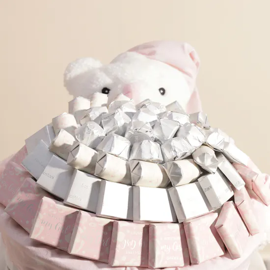 Bostani Small Pink and White Teddy Bear Baby Girl Chocolate Basket