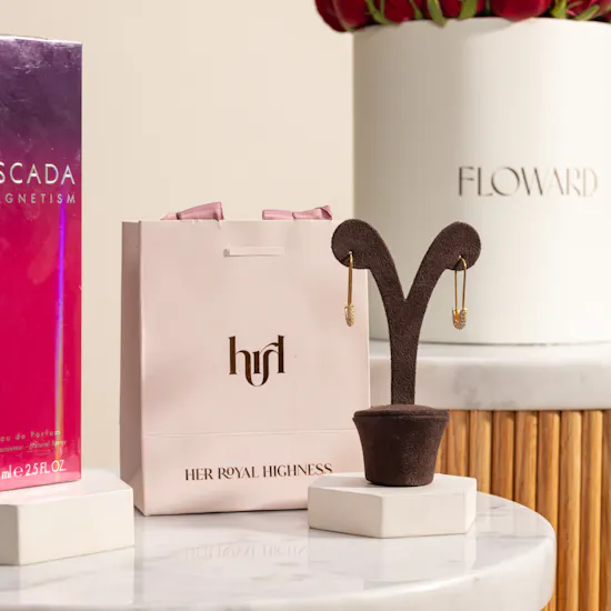 Hrh Pavé Safety Pin Earrings | Escada Magnetism Perfume for Women and Red Roses