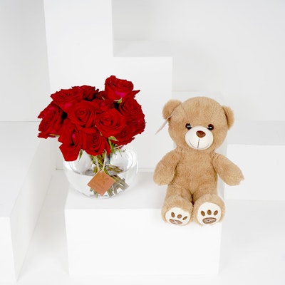 Small Red Roses Fish Bowl Vase with a Small Teddy Bear