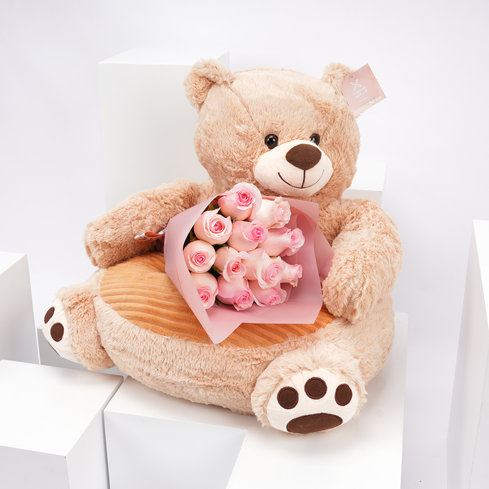 Floward Large Plush Bear with 12 Pink Roses Bouquet