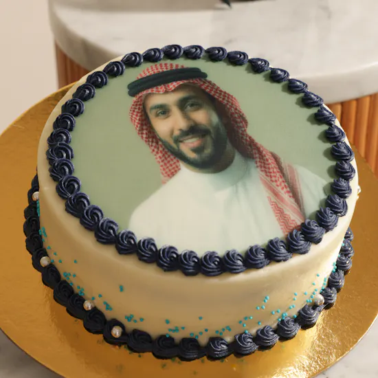 Floward Personalized Photo Chocolate Blue Cake | Elegant Flowers Bouquet and Yellow Balloons