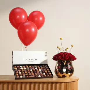 Läderach Assorted Chocolates Box | Festive Flower Vase and Balloons
