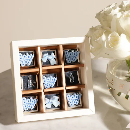 Ghazl Chocolatier Baby Boy Mini Chocolate Box | Serene White Roses Vase