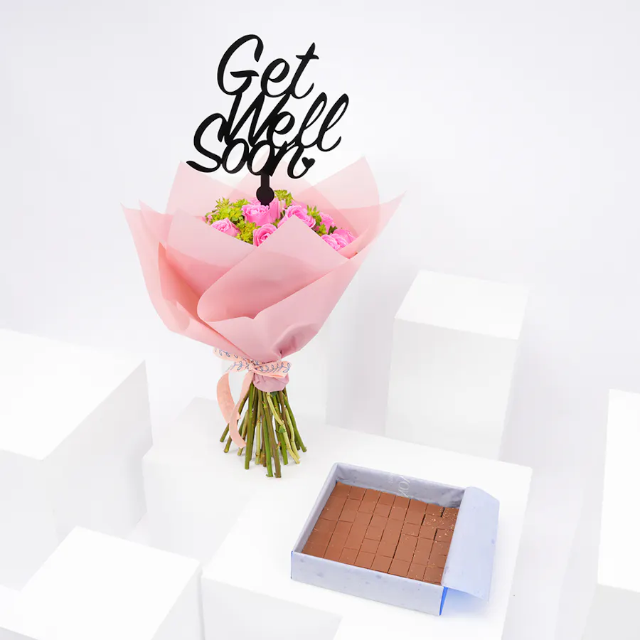 Hanoverian Caramel Chocolate Box with Get Well Soon Blooms Bouquet 3