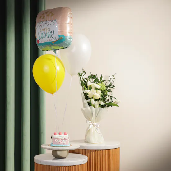 Floward Birthday Red Velvet Cake | Shinny Flowers Bouquet with Elegant Balloon Set