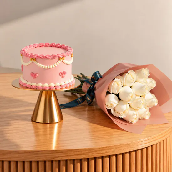 The Hummingbird Bakery Personalized Once Upon a Pink Cake | Delightful Roses Bouquet