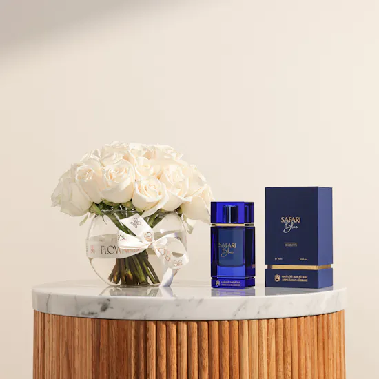 Abdul Samad Al Qurashi Safari Blue Men Perfume | White Roses Vase
